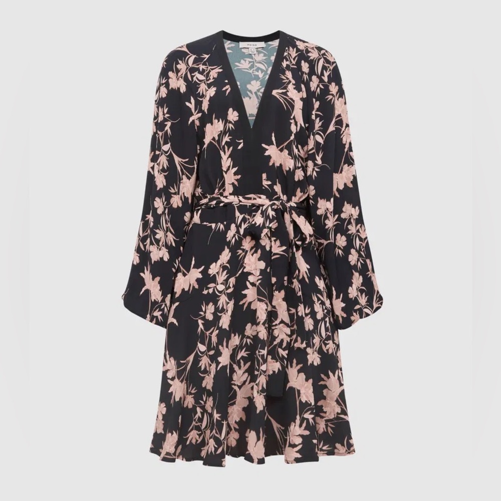 Reiss Black and Cream Floral Long Sleeve Dress